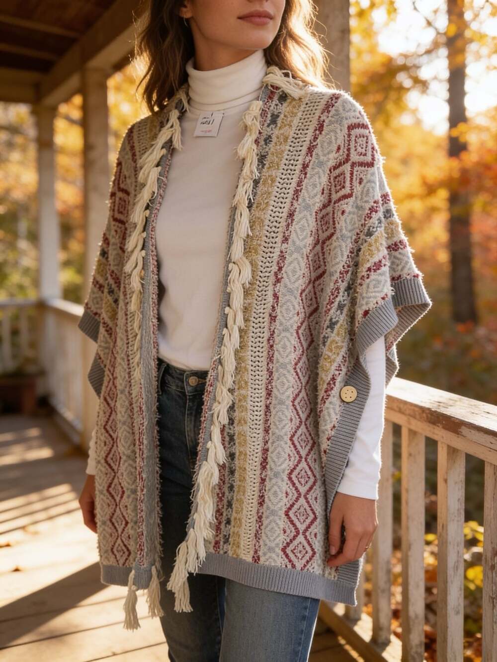 Cabi Love Carol Boho Fringe Siesta Knit Poncho Sweater Cardigan Cape